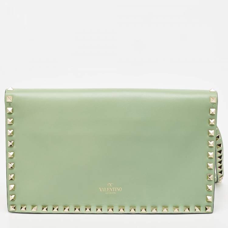 Pre Owned Valentino Lime Green Leather Rockstud Wristlet Clutch