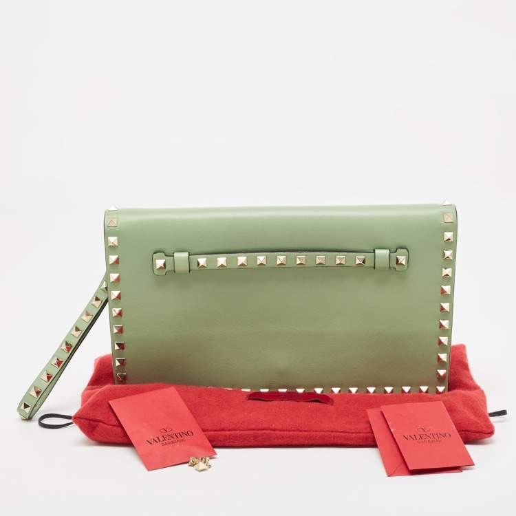Pre Owned Valentino Lime Green Leather Rockstud Wristlet Clutch