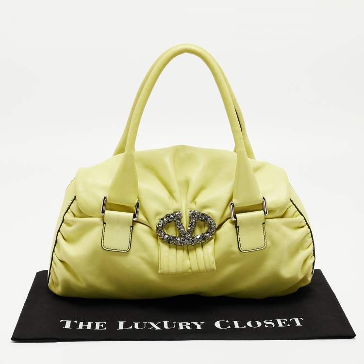 Pre Owned Valentino Lime Yellow Leather Crystal Embellished Catch Satchel