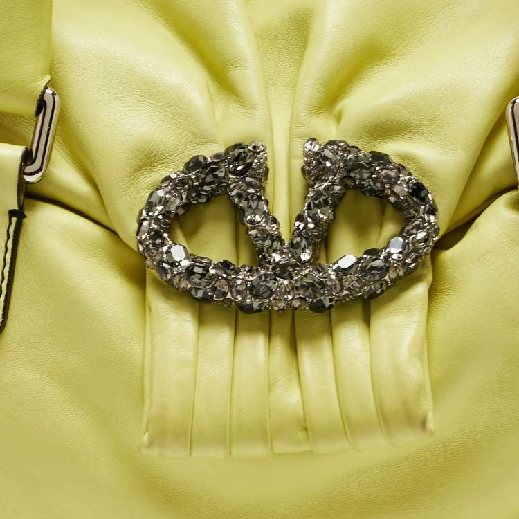 Pre Owned Valentino Lime Yellow Leather Crystal Embellished Catch Satchel