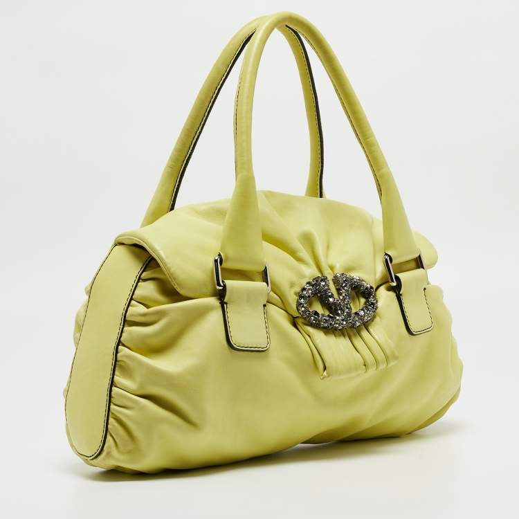 Pre Owned Valentino Lime Yellow Leather Crystal Embellished Catch Satchel
