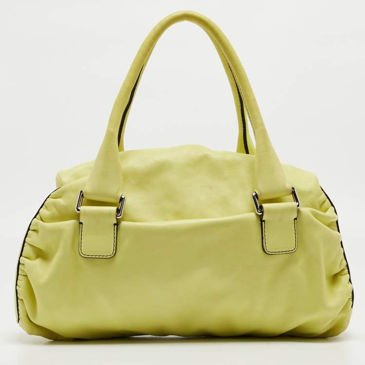 Pre Owned Valentino Lime Yellow Leather Crystal Embellished Catch Satchel