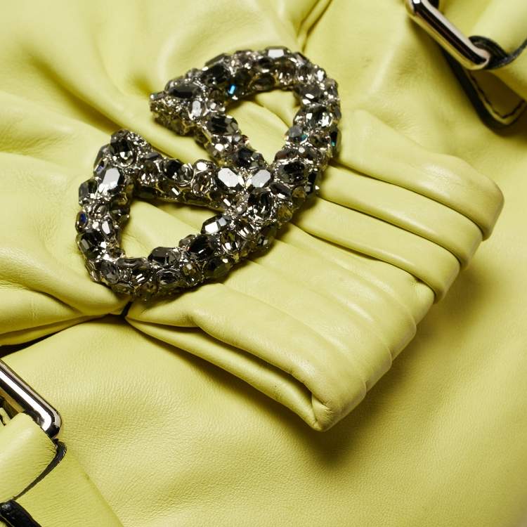 Pre Owned Valentino Lime Yellow Leather Crystal Embellished Catch Satchel