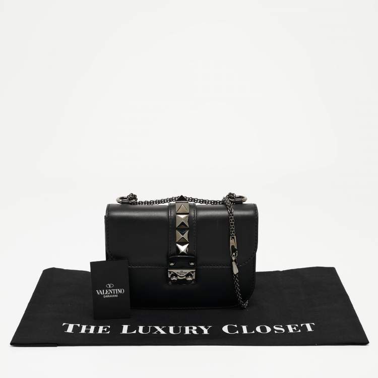 Pre Owned Valentino Black Leather Small Rockstud Glam Lock Flap Bag