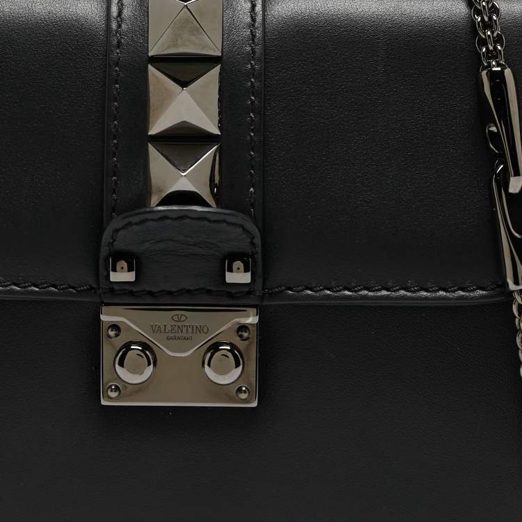 Pre Owned Valentino Black Leather Small Rockstud Glam Lock Flap Bag