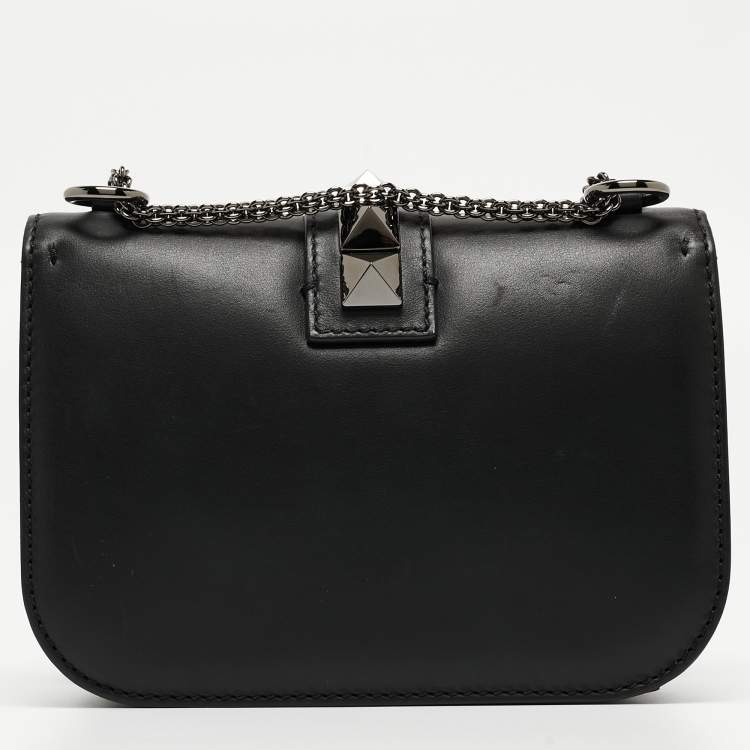 Pre Owned Valentino Black Leather Small Rockstud Glam Lock Flap Bag