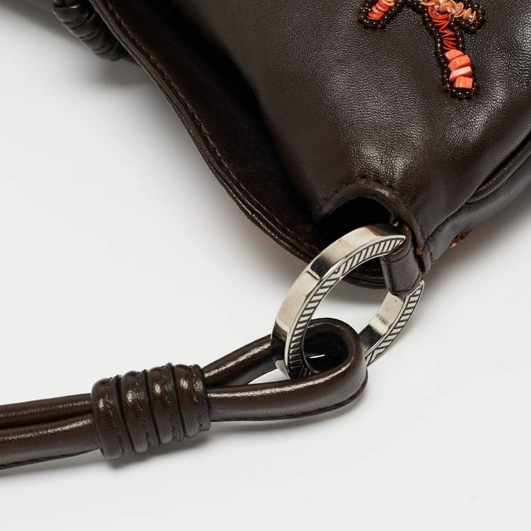 Pre Owned Valentino Choco Brown Leather Embroidered Crystal Catch Baguette