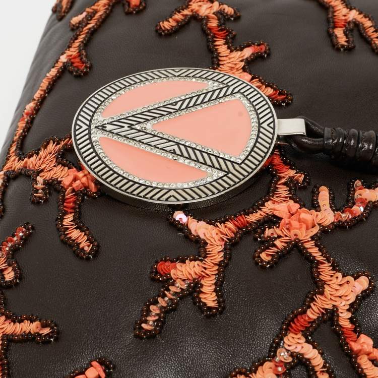 Pre Owned Valentino Choco Brown Leather Embroidered Crystal Catch Baguette