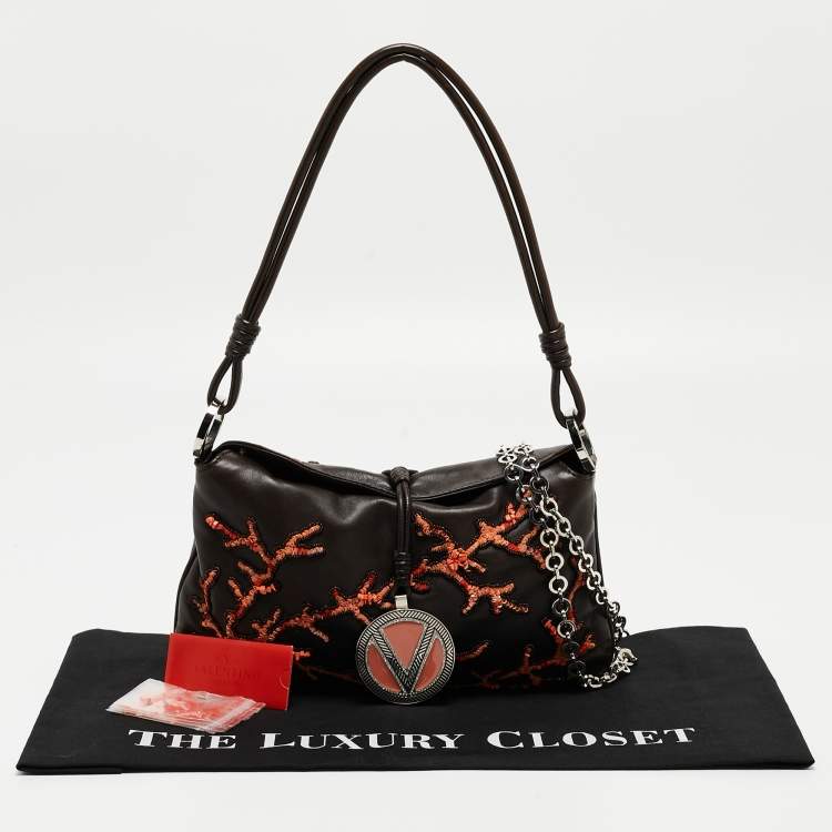 Pre Owned Valentino Choco Brown Leather Embroidered Crystal Catch Baguette