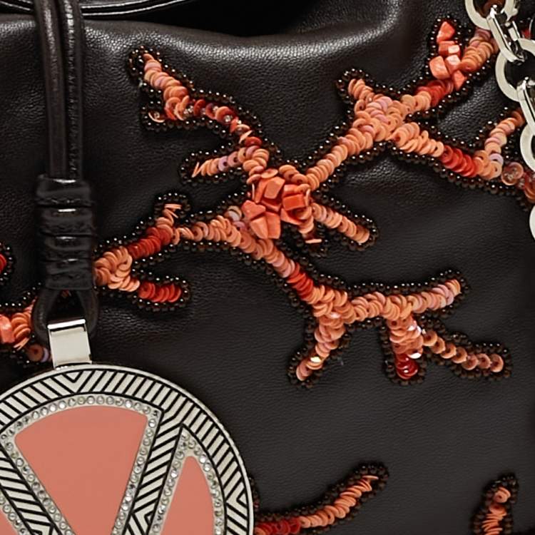 Pre Owned Valentino Choco Brown Leather Embroidered Crystal Catch Baguette