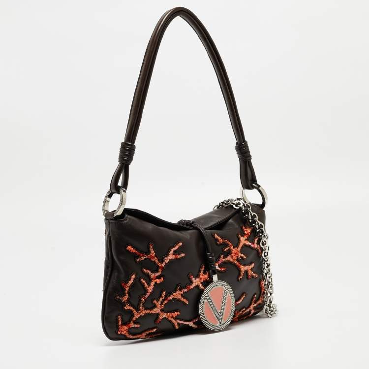Pre Owned Valentino Choco Brown Leather Embroidered Crystal Catch Baguette