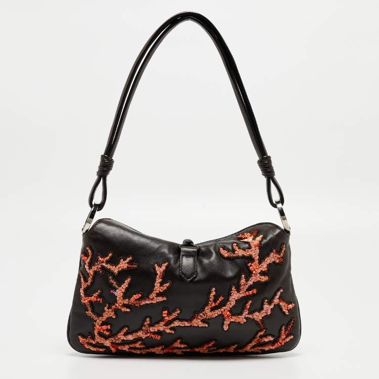 Pre Owned Valentino Choco Brown Leather Embroidered Crystal Catch Baguette