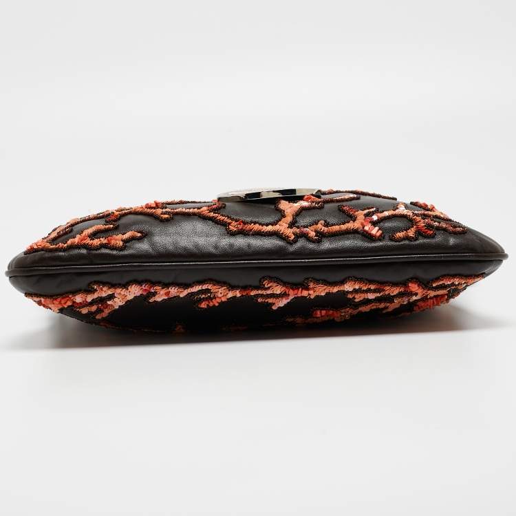 Pre Owned Valentino Choco Brown Leather Embroidered Crystal Catch Baguette