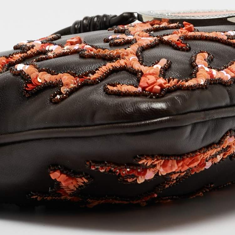 Pre Owned Valentino Choco Brown Leather Embroidered Crystal Catch Baguette