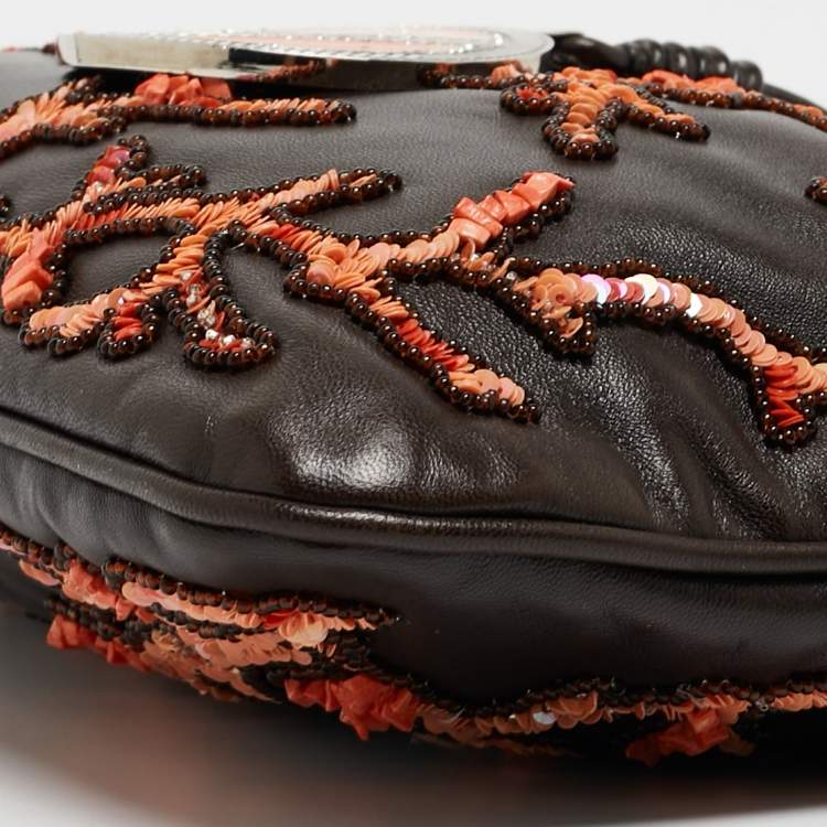 Pre Owned Valentino Choco Brown Leather Embroidered Crystal Catch Baguette