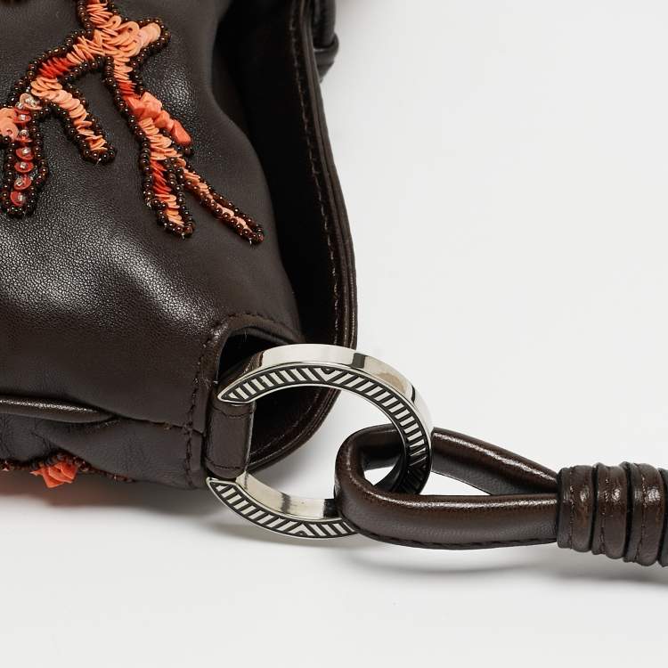 Pre Owned Valentino Choco Brown Leather Embroidered Crystal Catch Baguette