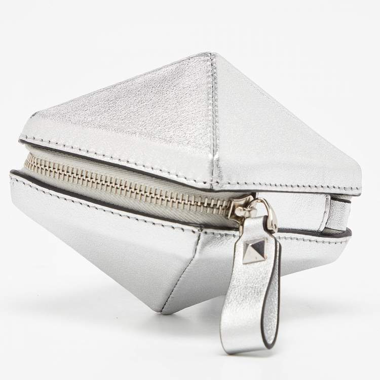 Pre Owned Valentino Silver Leather Zip Chain Coin Purse