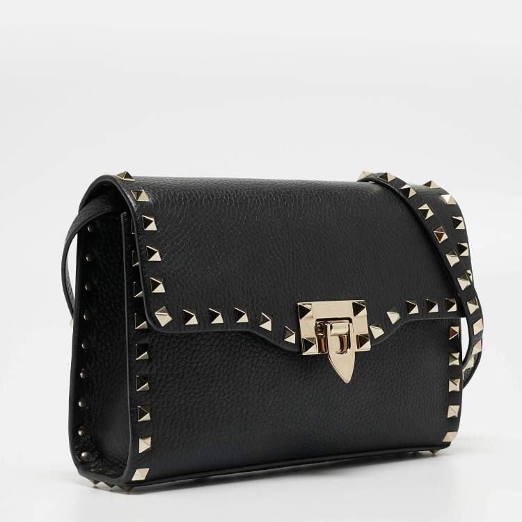 Pre Owned Valentino Black Leather Rockstud Flap Crossbody Bag