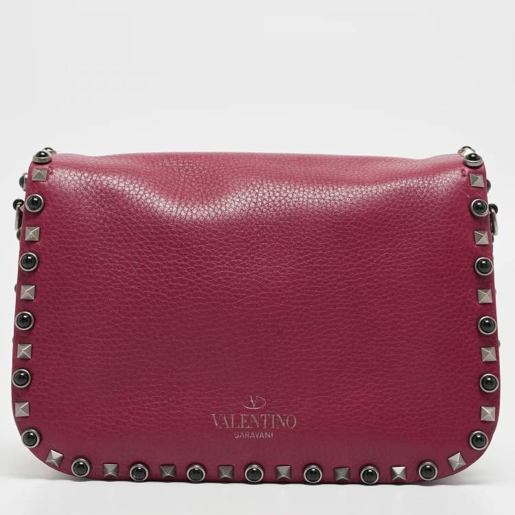 Pre Owned Valentino Magenta Leather Guitar Rolling Rockstud Shoulder Bag