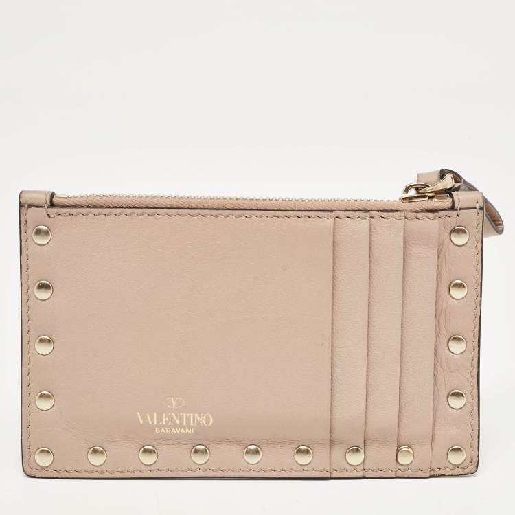 Pre Owned Valentino Poudre Pink Leather Rockstud Zip Card Case