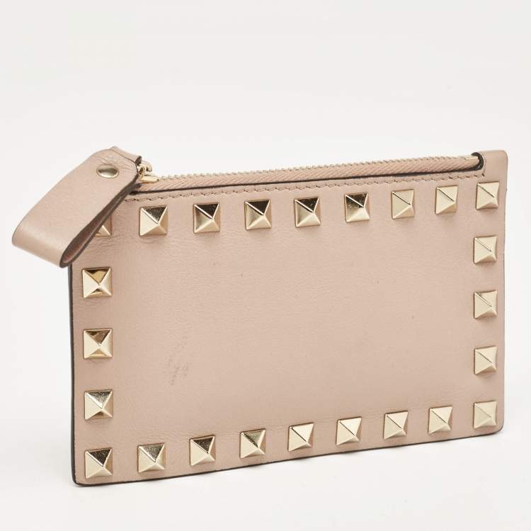 Pre Owned Valentino Poudre Pink Leather Rockstud Zip Card Case