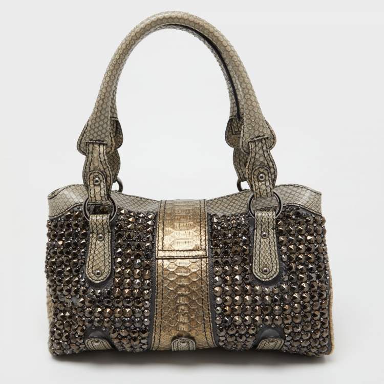 Pre Owned Valentino Grey/Gold Python Crystal Embellished Catch Tote