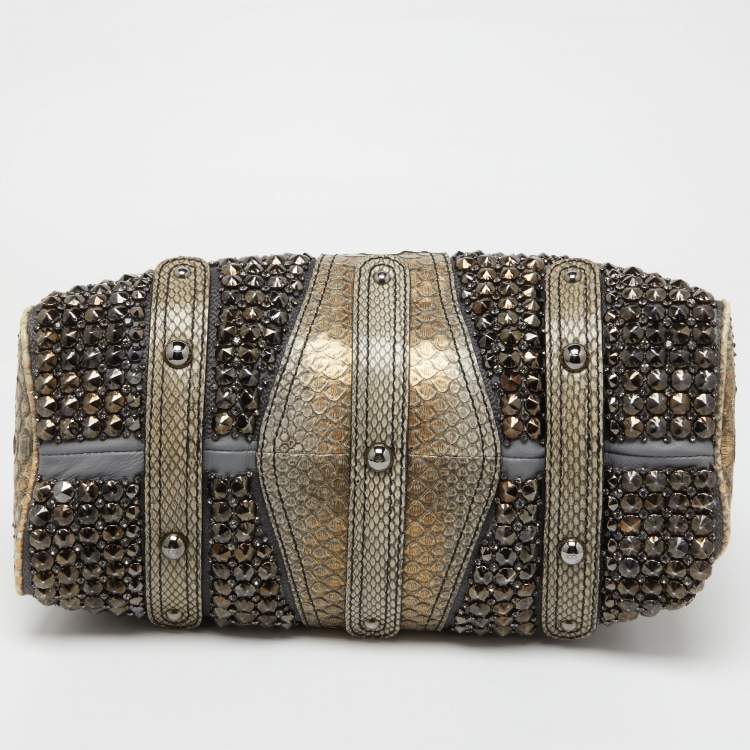 Pre Owned Valentino Grey/Gold Python Crystal Embellished Catch Tote