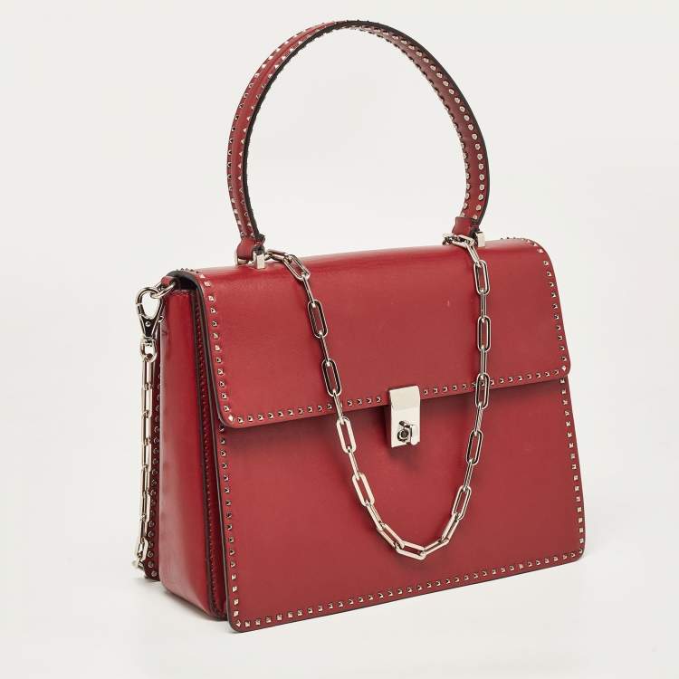 Pre Owned Valentino Red Leather Rockstud Top Handle Bag