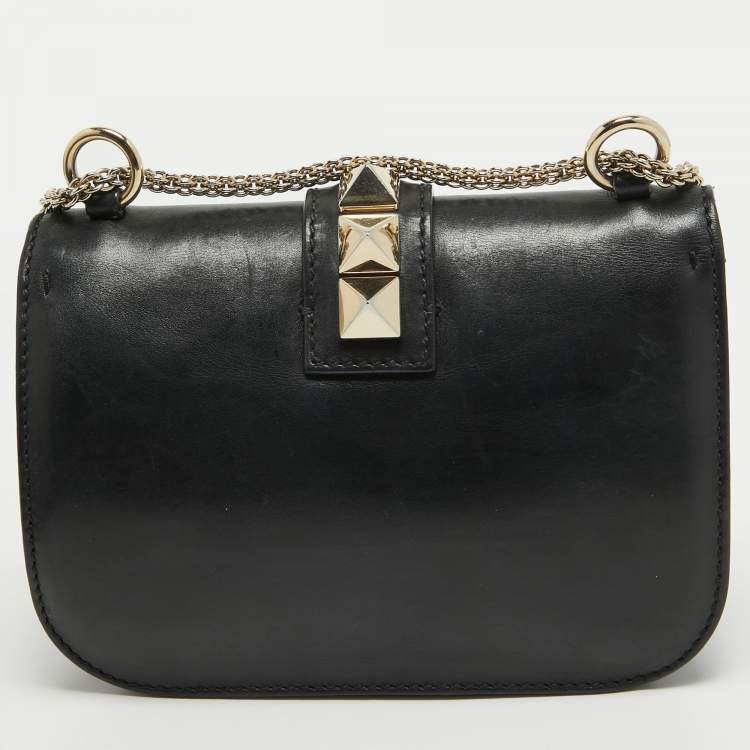 Pre Owned Valentino Black Leather Small Rockstud Glam Lock Flap Bag