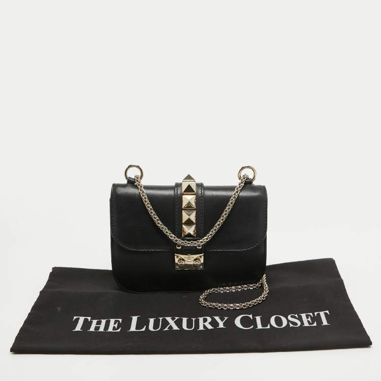 Pre Owned Valentino Black Leather Small Rockstud Glam Lock Flap Bag