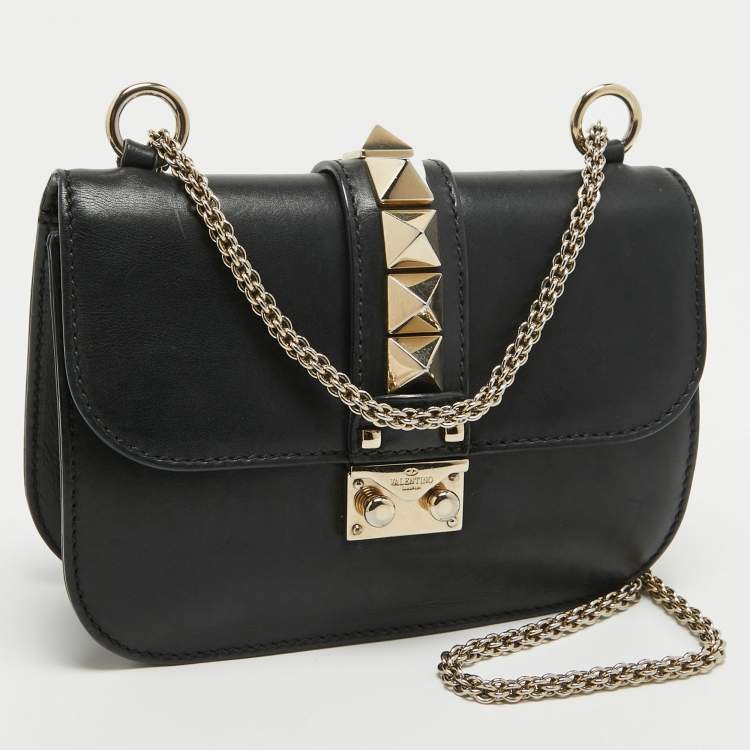 Pre Owned Valentino Black Leather Small Rockstud Glam Lock Flap Bag