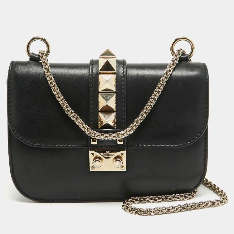 Pre Owned Valentino Black Leather Small Rockstud Glam Lock Flap Bag