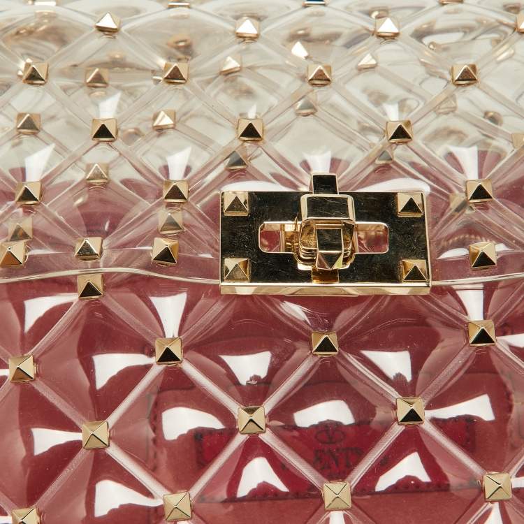 Pre Owned Valentino Transparent /Red PVC Medium Rockstud Spike Top Handle Bag