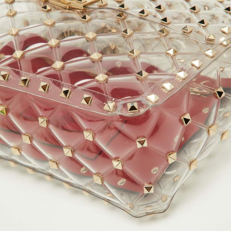 Pre Owned Valentino Transparent /Red PVC Medium Rockstud Spike Top Handle Bag