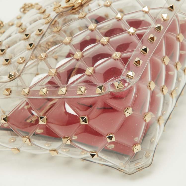 Pre Owned Valentino Transparent /Red PVC Medium Rockstud Spike Top Handle Bag