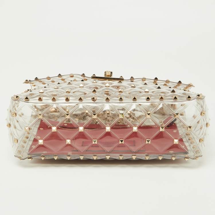 Pre Owned Valentino Transparent /Red PVC Medium Rockstud Spike Top Handle Bag
