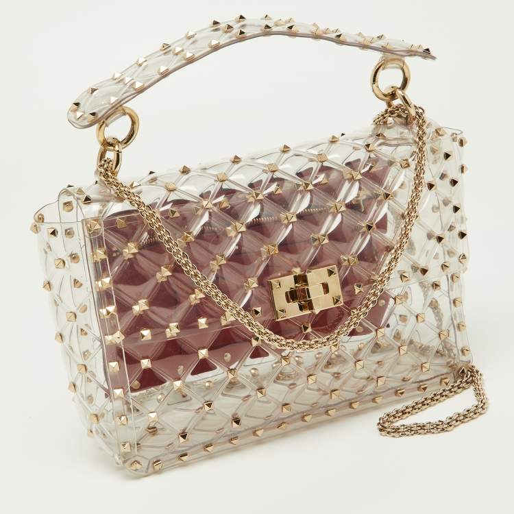 Pre Owned Valentino Transparent /Red PVC Medium Rockstud Spike Top Handle Bag