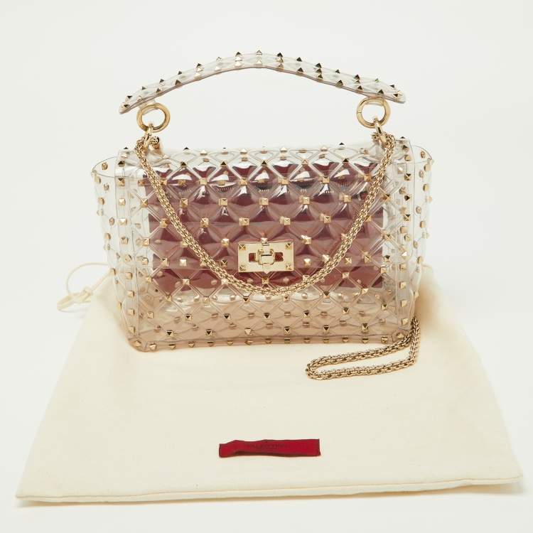 Pre Owned Valentino Transparent /Red PVC Medium Rockstud Spike Top Handle Bag