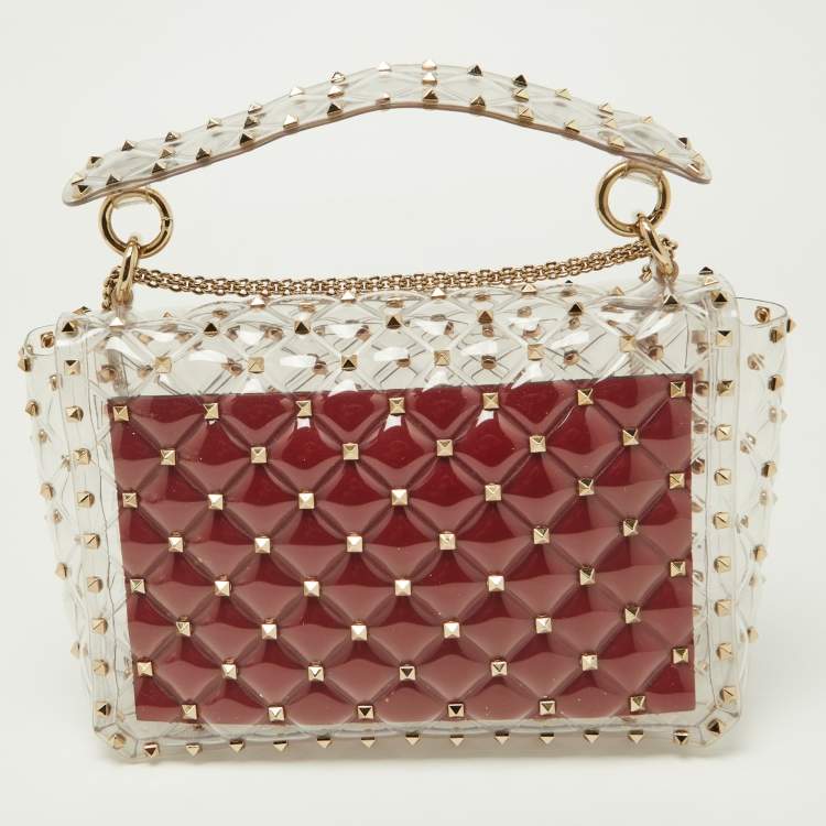 Pre Owned Valentino Transparent /Red PVC Medium Rockstud Spike Top Handle Bag