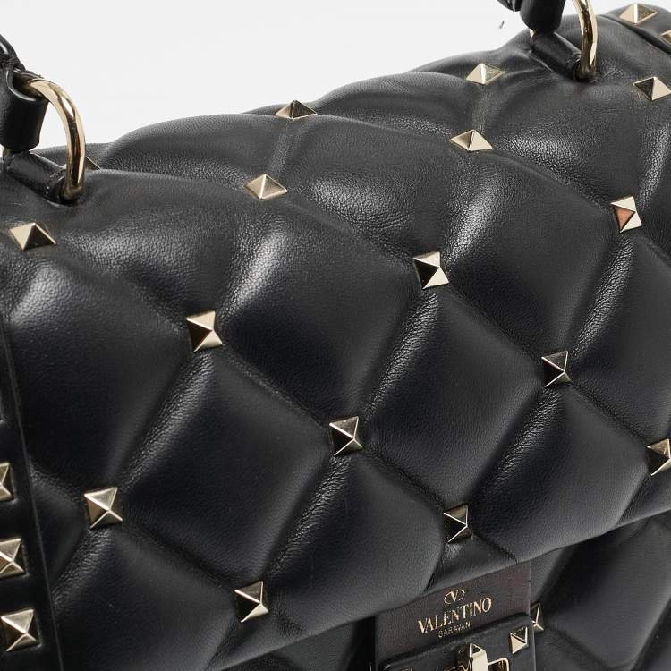 Pre Owned Valentino Black Quilted Leather Medium Candystud Top Handle Bag