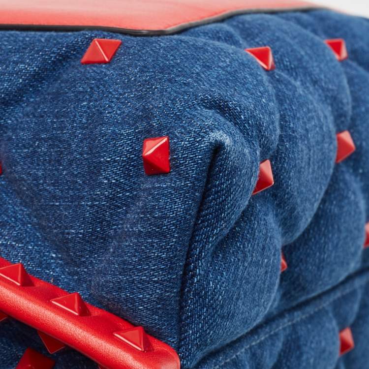 Pre Owned Valentino Blue/Red Denim and Leather Candystud Top Handle Bag