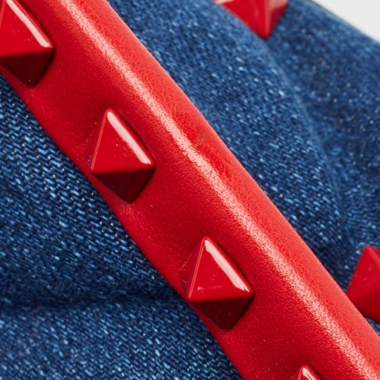 Pre Owned Valentino Blue/Red Denim and Leather Candystud Top Handle Bag