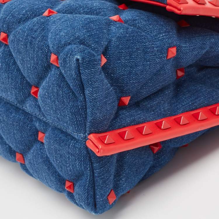 Pre Owned Valentino Blue/Red Denim and Leather Candystud Top Handle Bag