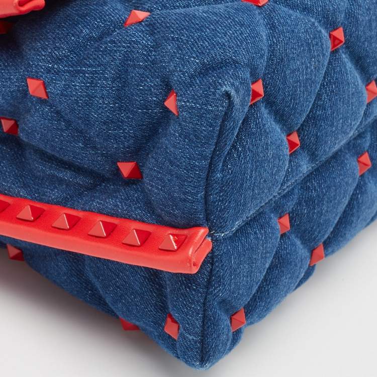 Pre Owned Valentino Blue/Red Denim and Leather Candystud Top Handle Bag