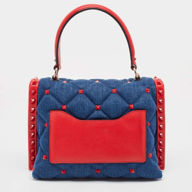 Pre Owned Valentino Blue/Red Denim and Leather Candystud Top Handle Bag