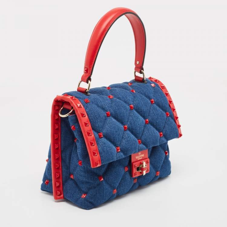 Pre Owned Valentino Blue/Red Denim and Leather Candystud Top Handle Bag