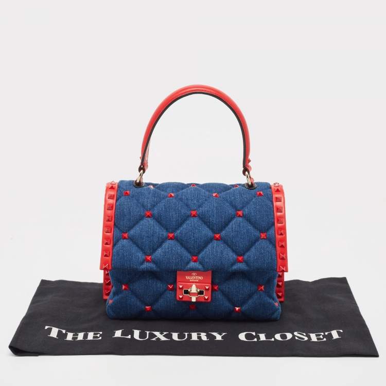Pre Owned Valentino Blue/Red Denim and Leather Candystud Top Handle Bag