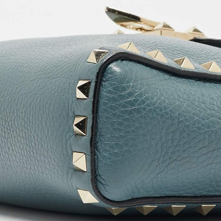 Pre Owned Valentino Blue Leather Rockstud Flip Lock Flap Messenger Bag