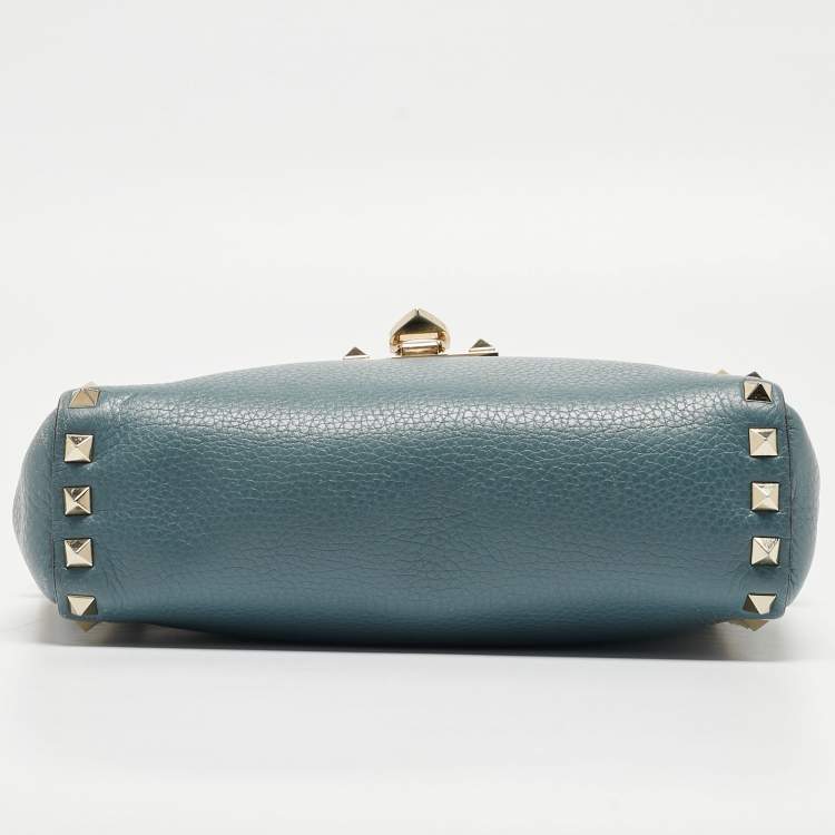 Pre Owned Valentino Blue Leather Rockstud Flip Lock Flap Messenger Bag