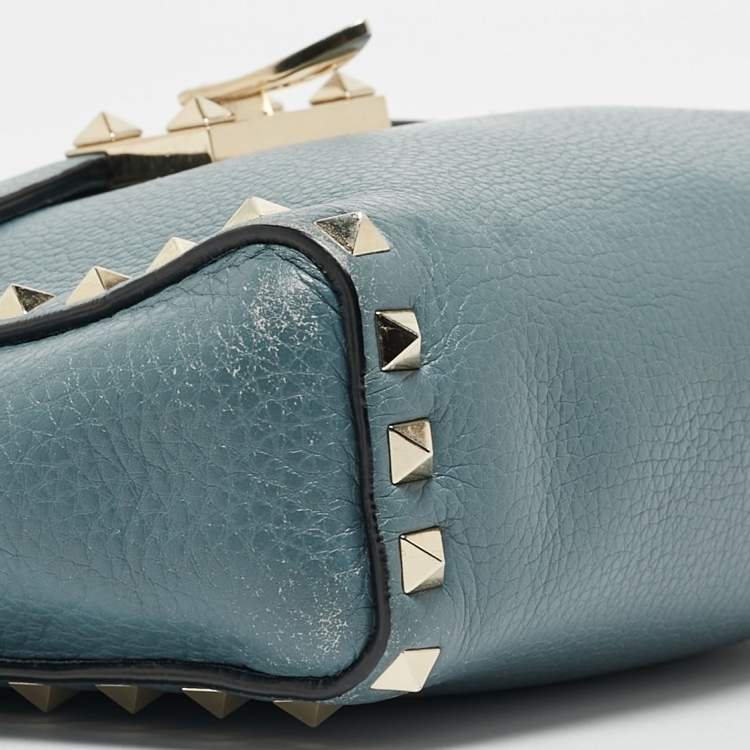 Pre Owned Valentino Blue Leather Rockstud Flip Lock Flap Messenger Bag